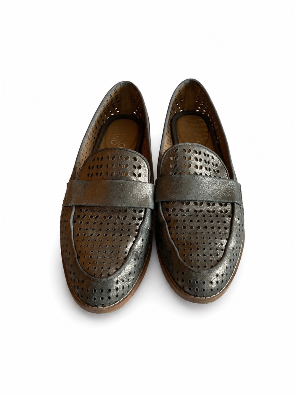 Franco Sarto Pewter Metallic Hadley Loafers Perforated Penny Loafers Women’s 7.5
